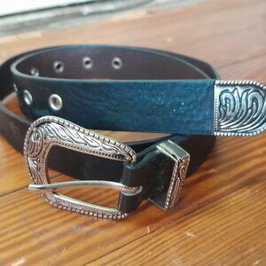 women's western buckle black faux leather belt with silver-tone hardware
